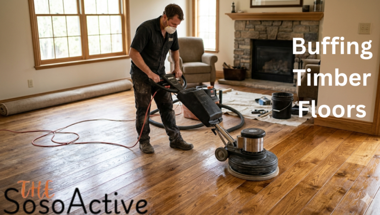 A professional trade worker wearing a dust mask uses an industrial floor buffing machine on a rich, warm-toned timber floor in a living room, highlighting the glossy, refurbished surface from Buffing Timber Floors