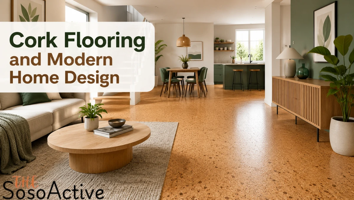 Cork Flooring and Modern Home Design featuring a stylish open-plan living space with natural cork floors, modern furniture, indoor plants, and warm minimalist decor.