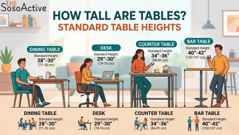 How Tall Are Tables? Standard Table Heights infographic showing dining table, desk, counter table, and bar table measurements in inches and centimeters