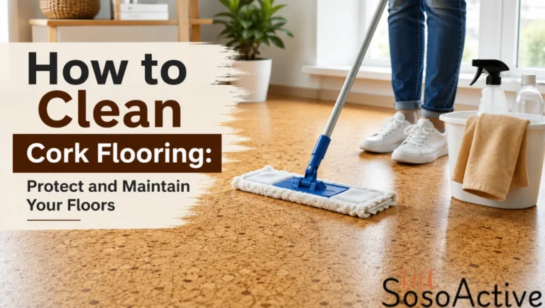 How to Clean Cork Flooring: A person mopping a clean cork floor with a bucket and cleaning supplies in a bright modern room, showing steps to protect and maintain cork flooring.