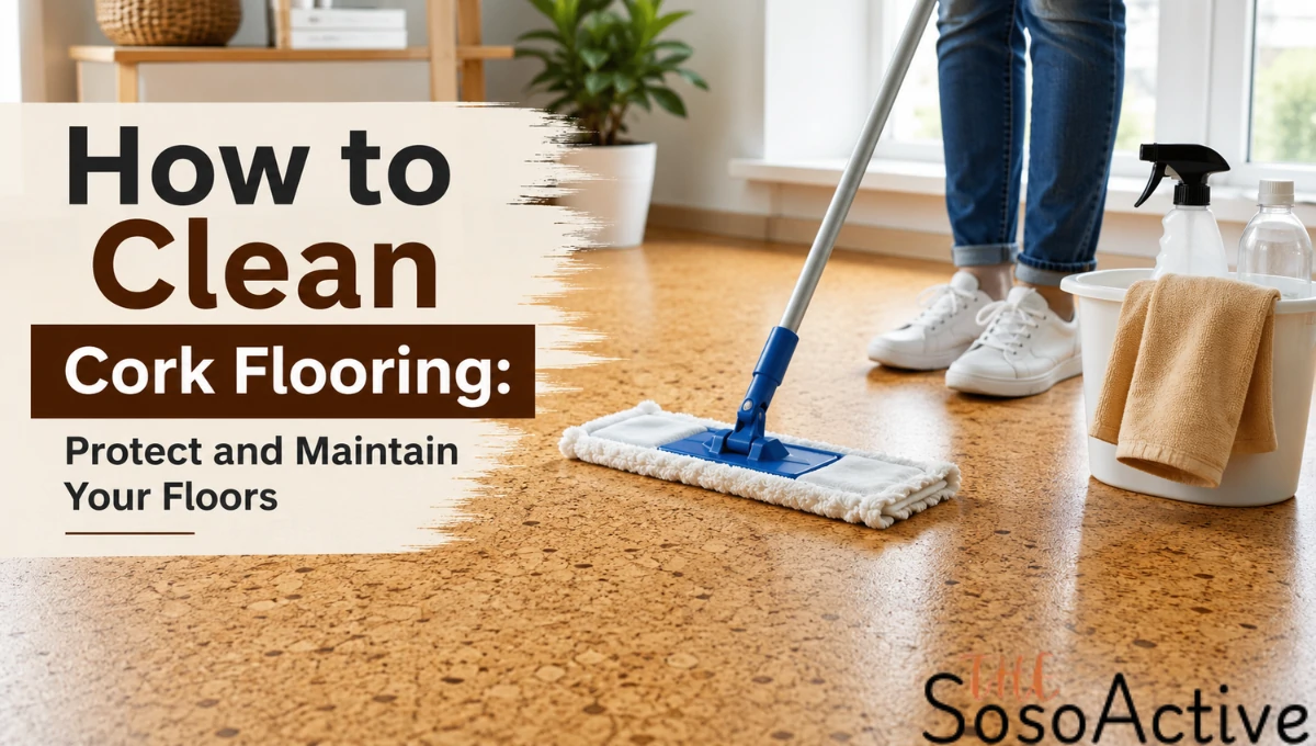 How to Clean Cork Flooring: A person mopping a clean cork floor with a bucket and cleaning supplies in a bright modern room, showing steps to protect and maintain cork flooring.