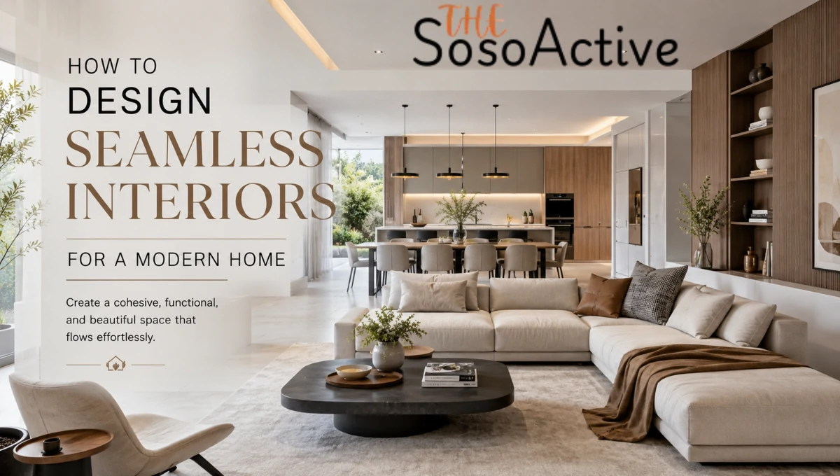 Modern open-plan luxury living room and kitchen with minimalist neutral decor and warm natural lighting, styled as a blog header image with the title “How to Design Seamless Interiors for a Modern Home” on the left side. The sosoactive logo appeared on top