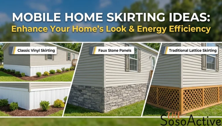 A blog collage showing three mobile home skirting ideas: white vinyl skirting with green bushes, grey faux stone panels, and light wood lattice skirting on different mobile home exteriors