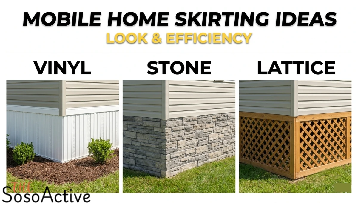 A collage titled "Mobile Home Skirting Ideas" showcasing three options: classic vinyl, faux stone, and wood lattice.