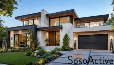 [Image Suggestion Modern home exterior with beautiful architecture, garden, and natural lighting, The sosoactive