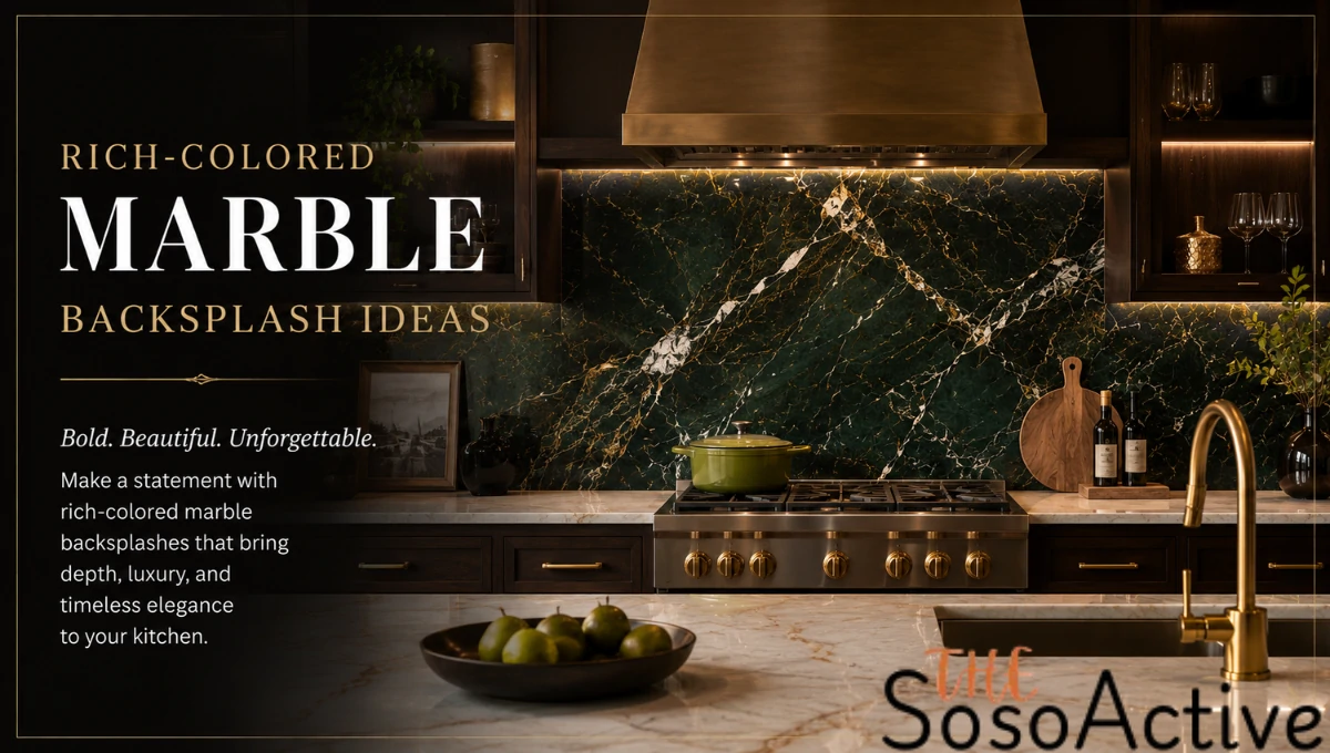 Modern luxury kitchen featuring rich-colored marble backsplash ideas with a dark green marble wall, dramatic white and gold veining, brass range hood, warm lighting, dark wood cabinets, and elegant contemporary design accents