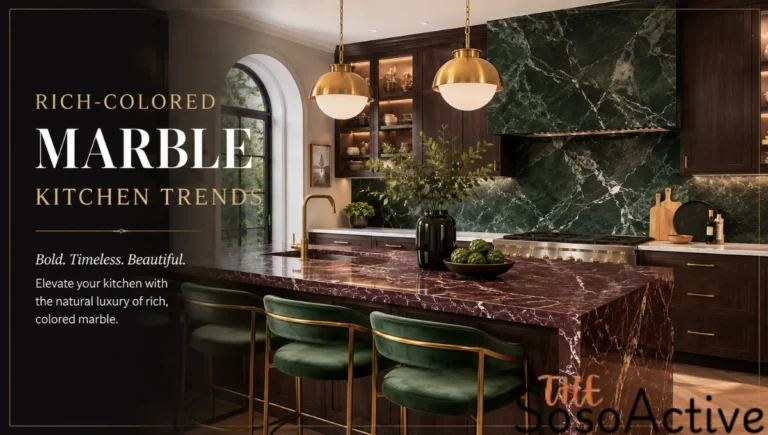 Luxury modern kitchen featuring rich-colored marble trends with a deep burgundy marble island, dark green marble backsplash, wooden cabinetry, gold pendant lights, and elegant contemporary interior design