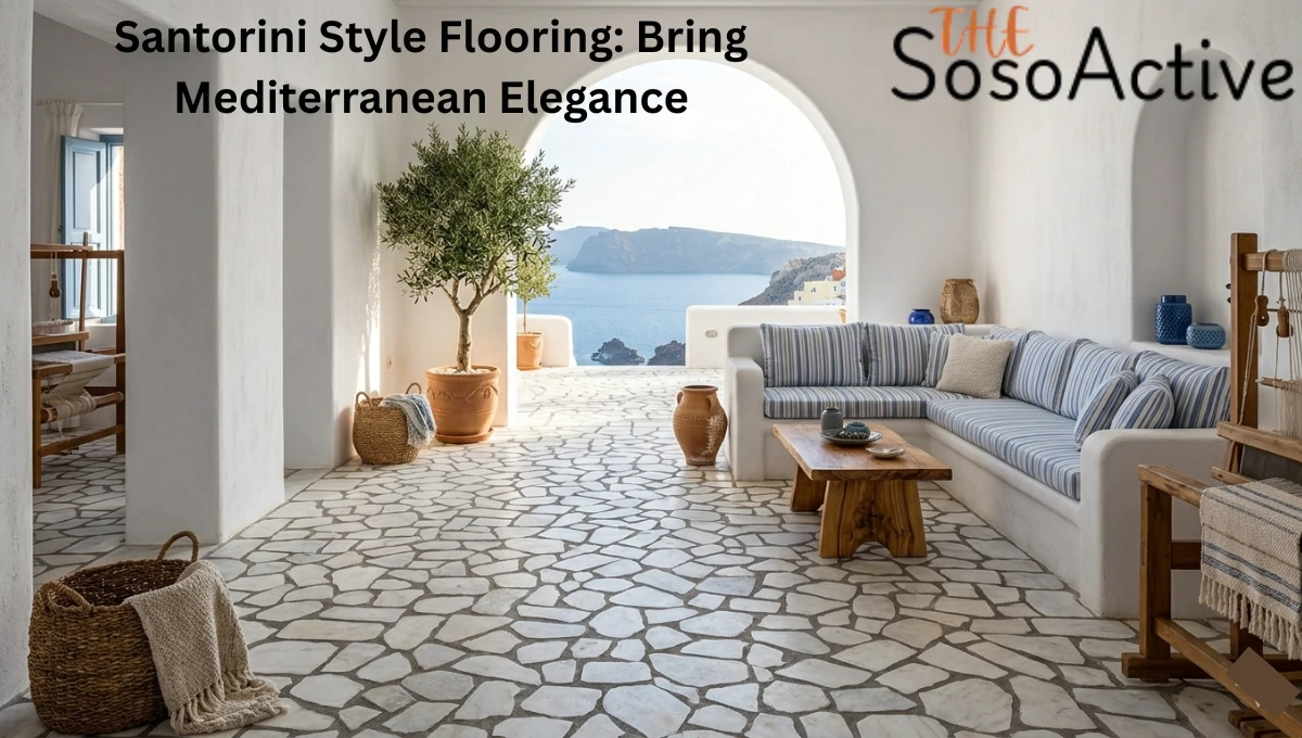 Sun-drenched patio with blue striped sofa, olive trees, and sea view, highlighting the stone Santorini Style Flooring