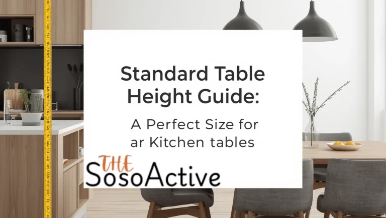 Standard table height guide showing a modern kitchen dining table and chairs in a contemporary interior setting