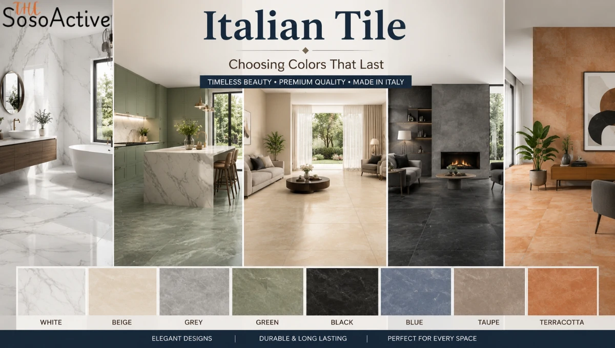 Italian tile color options featuring white, beige, grey, green, black, blue, taupe, and terracotta tiles in modern home interiors, showcasing durable Italian tiles and timeless color choices for flooring and walls.